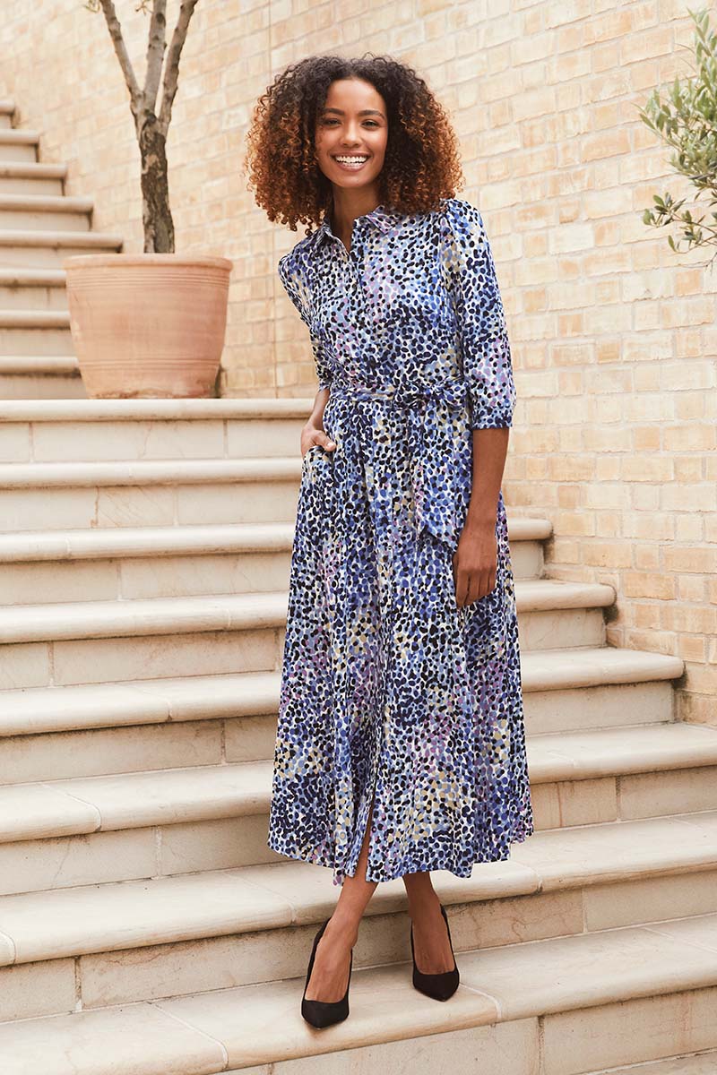 Blue | Printed 3/4 Sleeve Shirt Dress