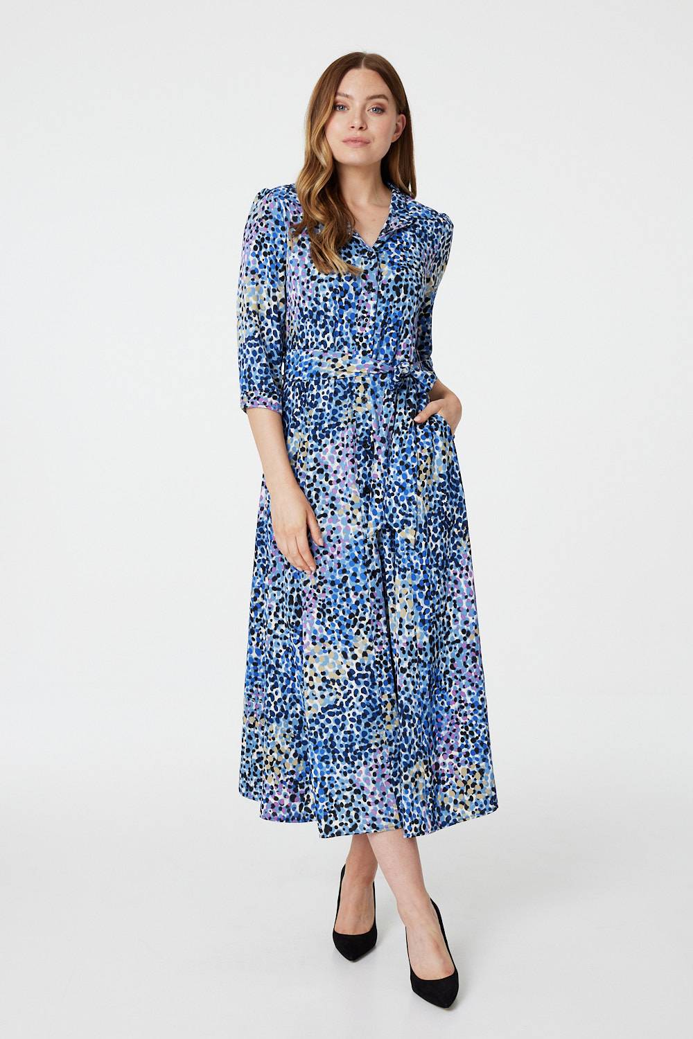 Blue | Printed 3/4 Sleeve Shirt Dress