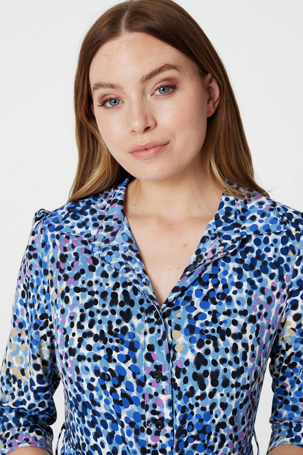 Blue | Printed 3/4 Sleeve Shirt Dress