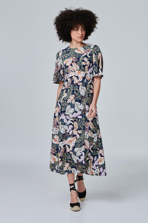 Navy | Tropical Leaf Print Midi Dress : Model is 5'8"/172 cm and wears UK8/EU36/US4/AUS8
