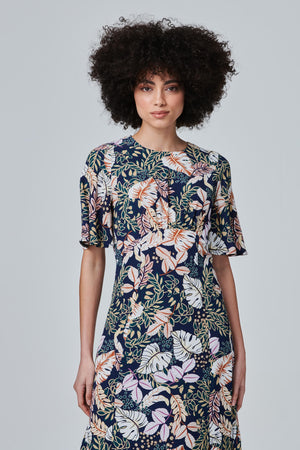 Navy | Tropical Leaf Print Midi Dress