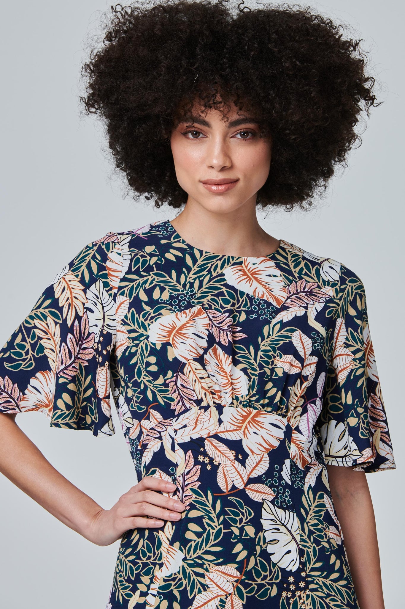 Navy | Tropical Leaf Print Midi Dress