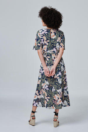 Navy | Tropical Leaf Print Midi Dress