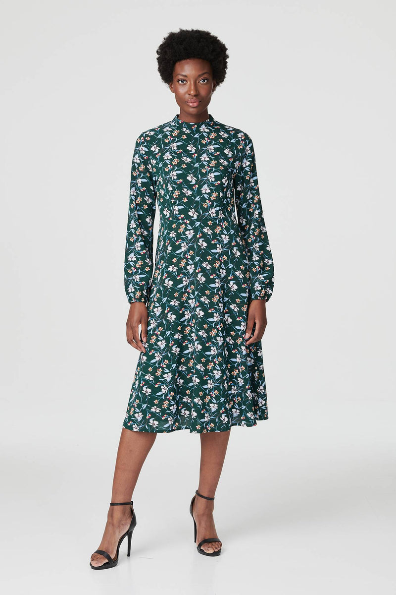Green | Floral High Neck Midi Tea Dress