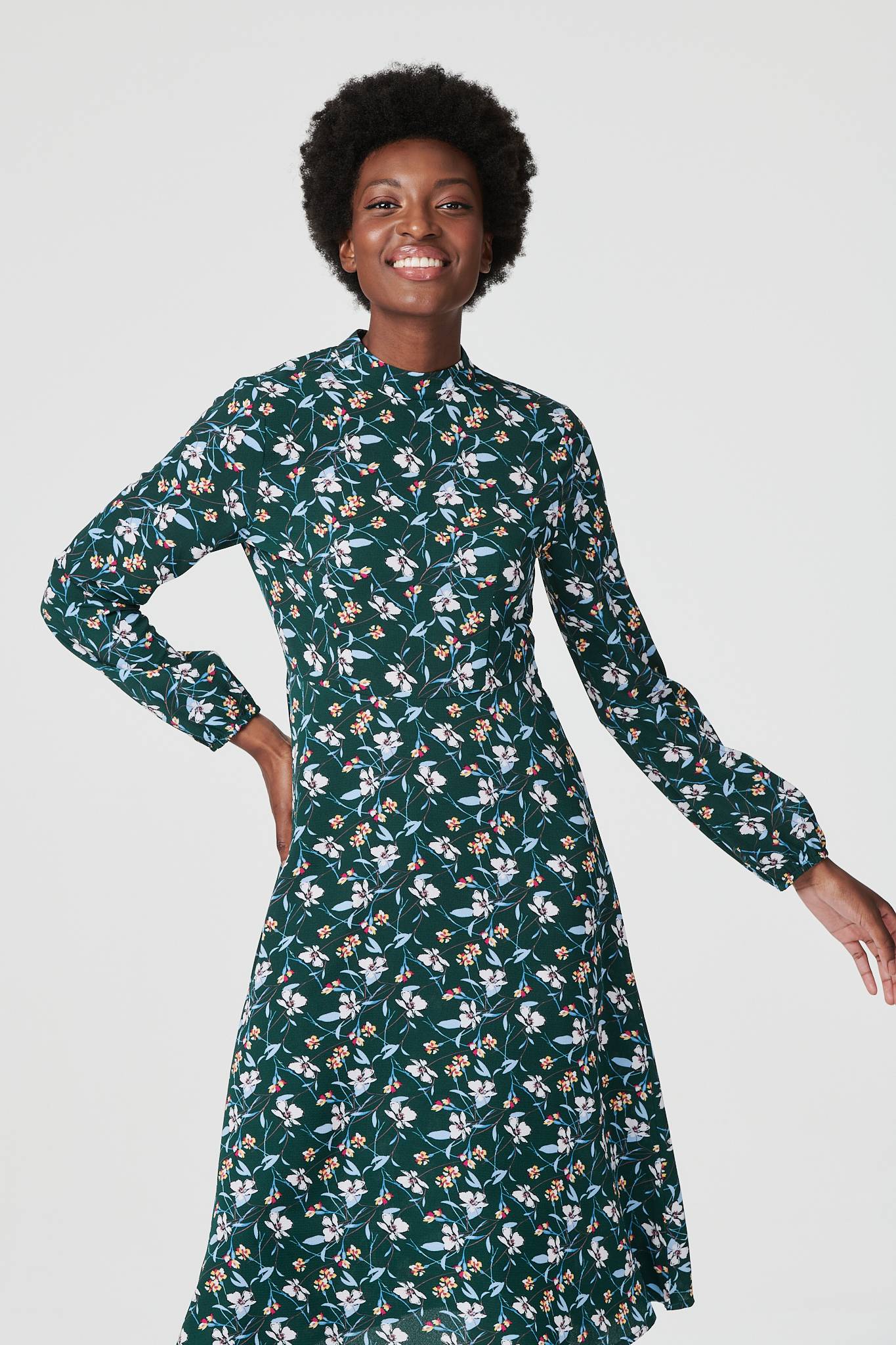 Green | Floral High Neck Midi Tea Dress