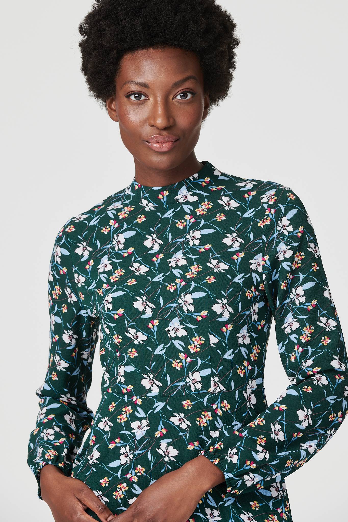 Green | Floral High Neck Midi Tea Dress