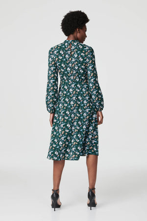 Green | Floral High Neck Midi Tea Dress