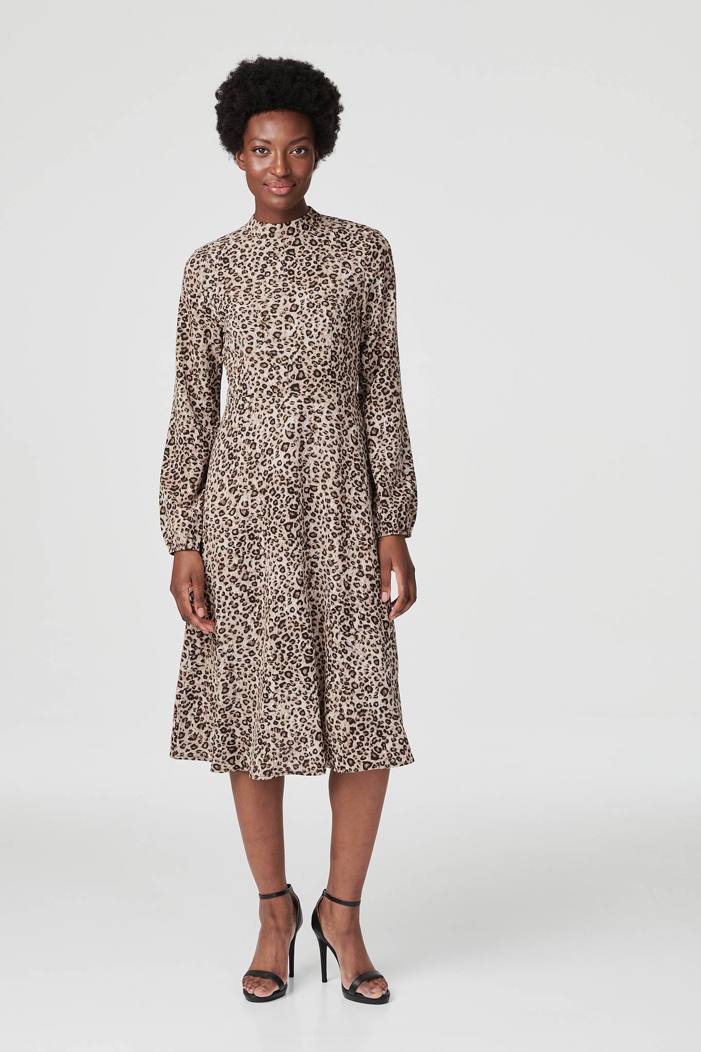 Brown | Leopard Print High Neck Midi Dress