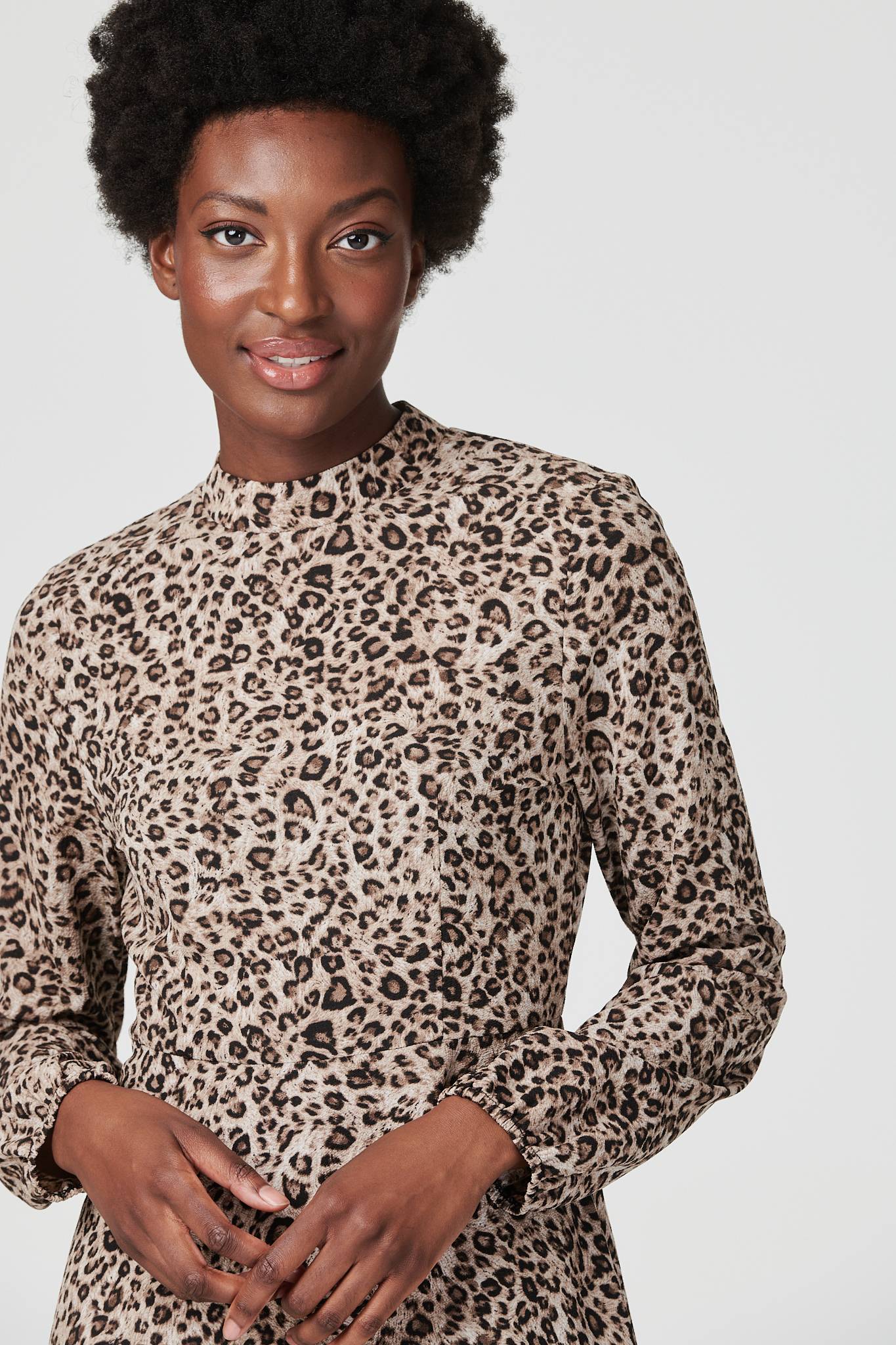 Brown | Leopard Print High Neck Midi Dress