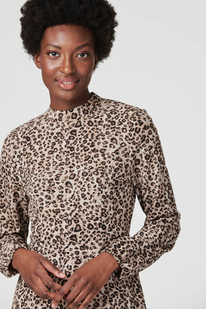 Brown | Leopard Print High Neck Midi Dress