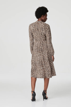Brown | Leopard Print High Neck Midi Dress