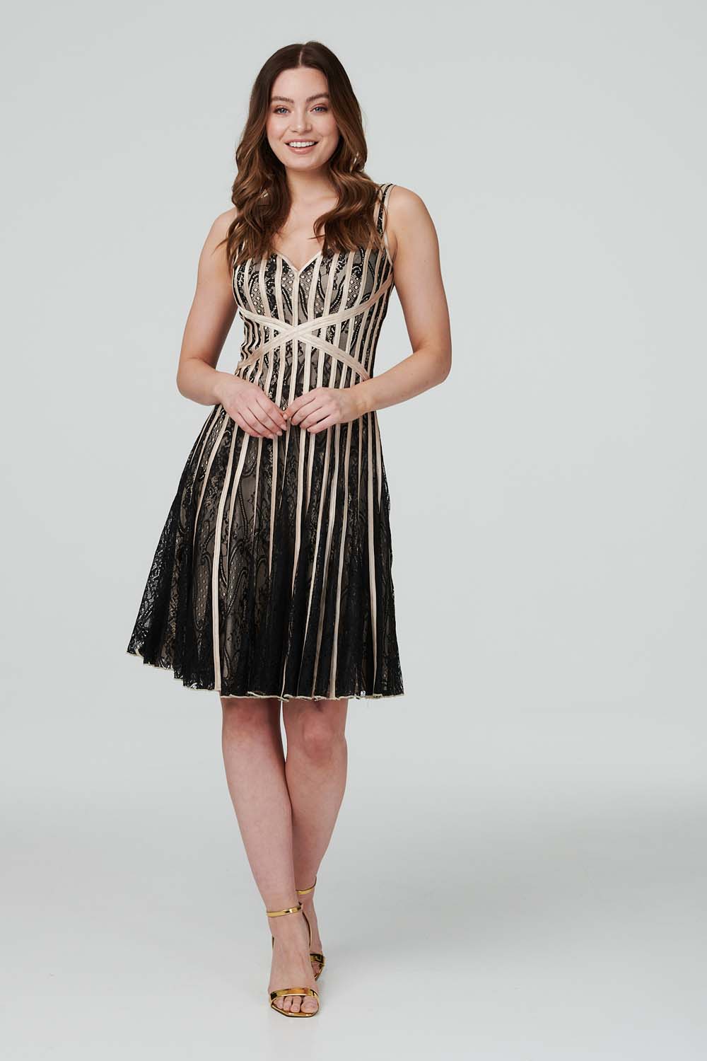 Beige | Striped Mesh Occasion Dress