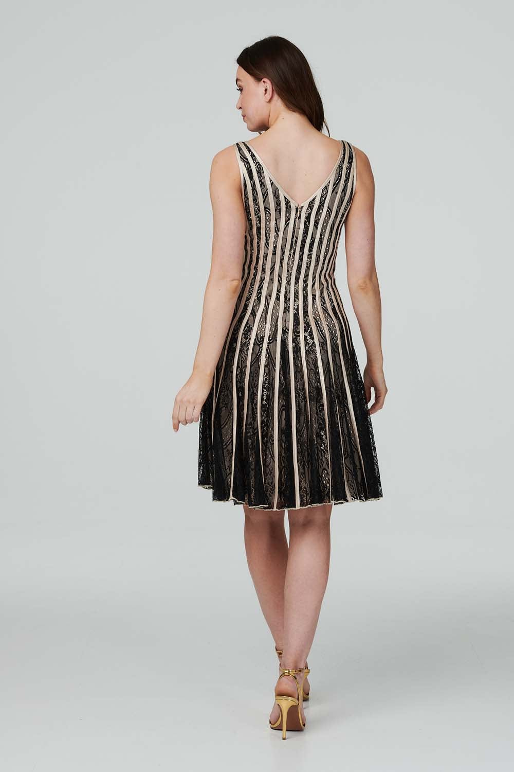 Beige | Striped Mesh Occasion Dress