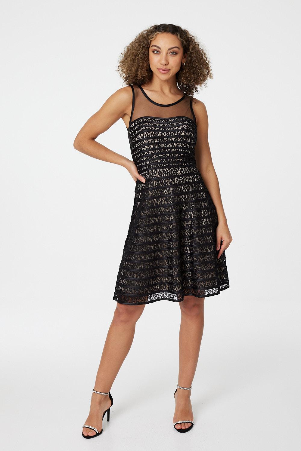 Black | Lace Striped Fit & Flare Dress