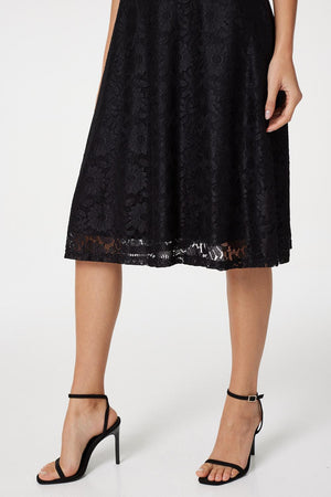 Black | Lace Midi Skater Dress