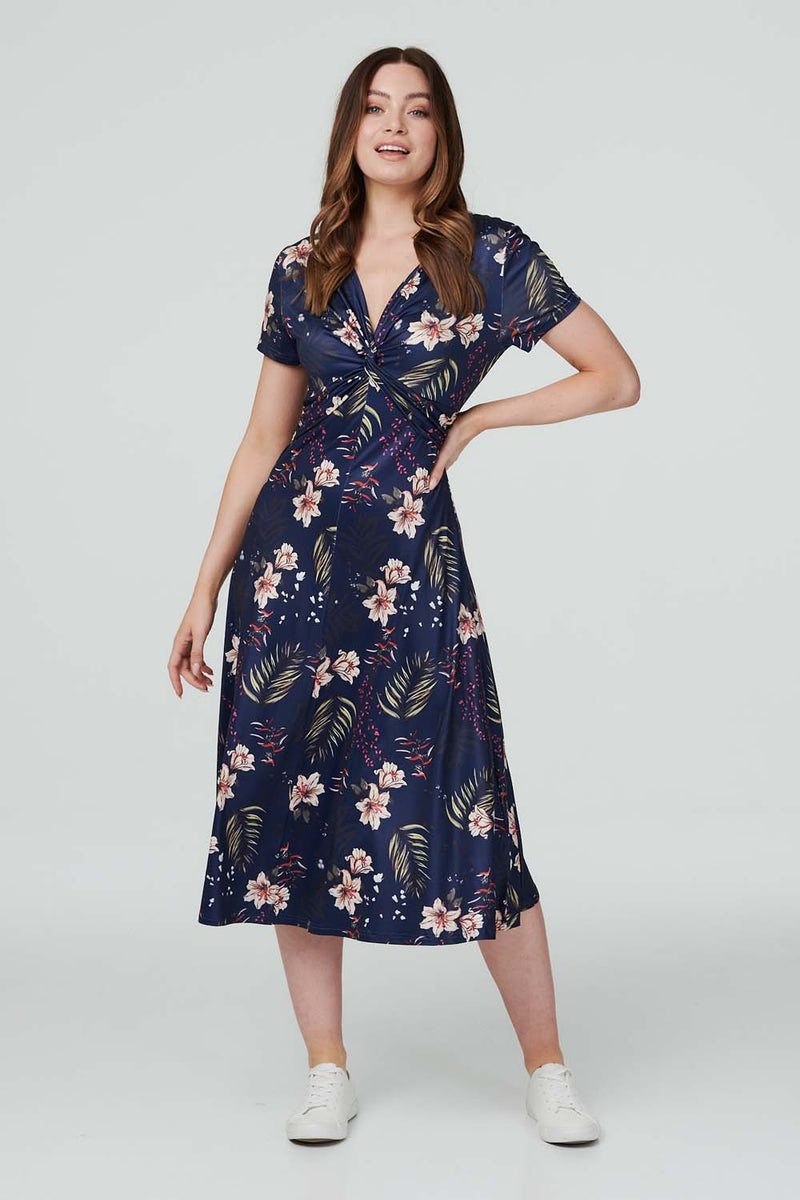 Navy | Floral Twist Front Midi Dress