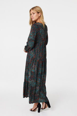 Green | Ditsy Print V-Neck Smock Dress
