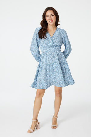 Blue | Ditsy Print V-Neck Skater Dress