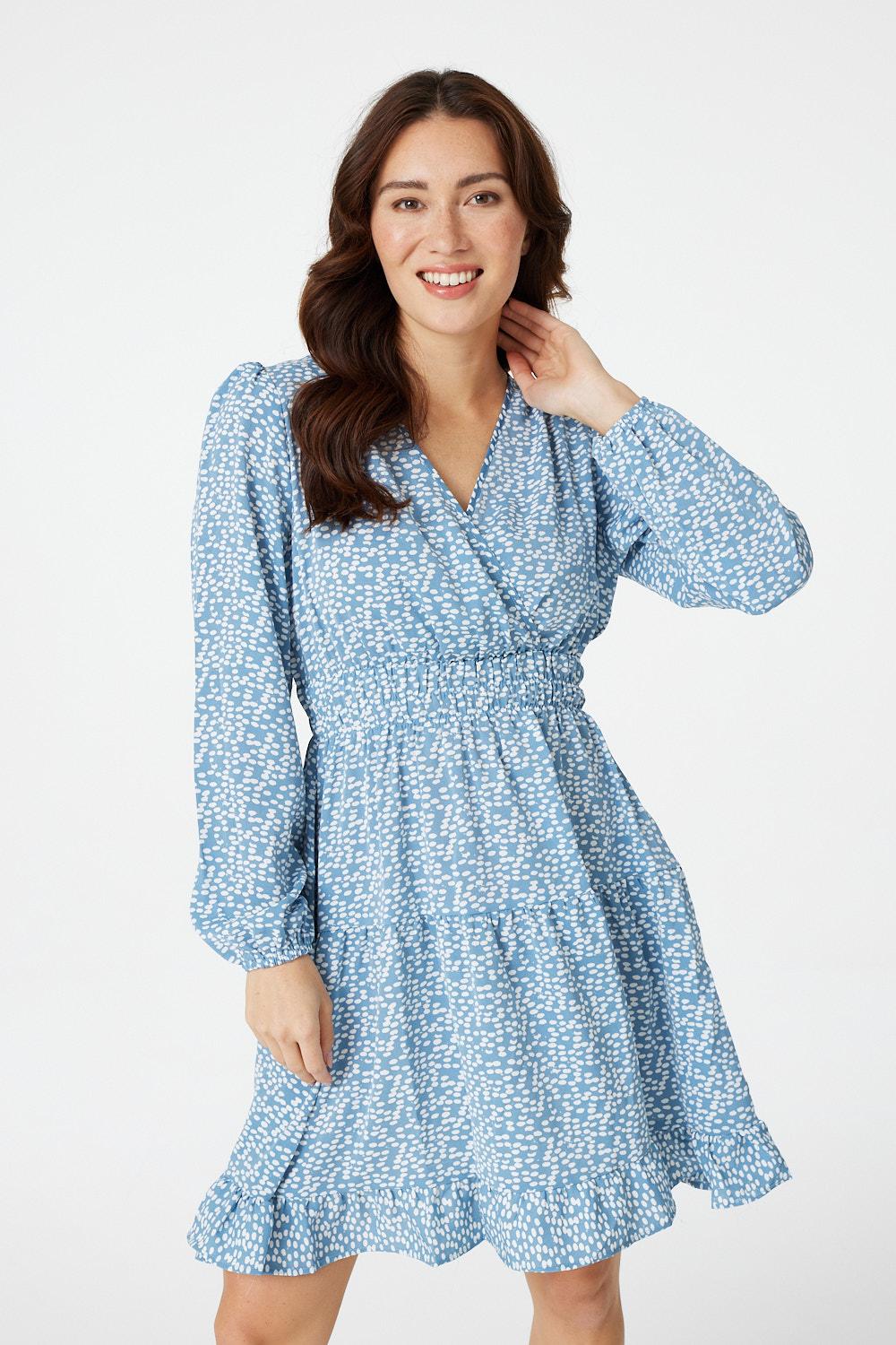 Blue | Ditsy Print V-Neck Skater Dress