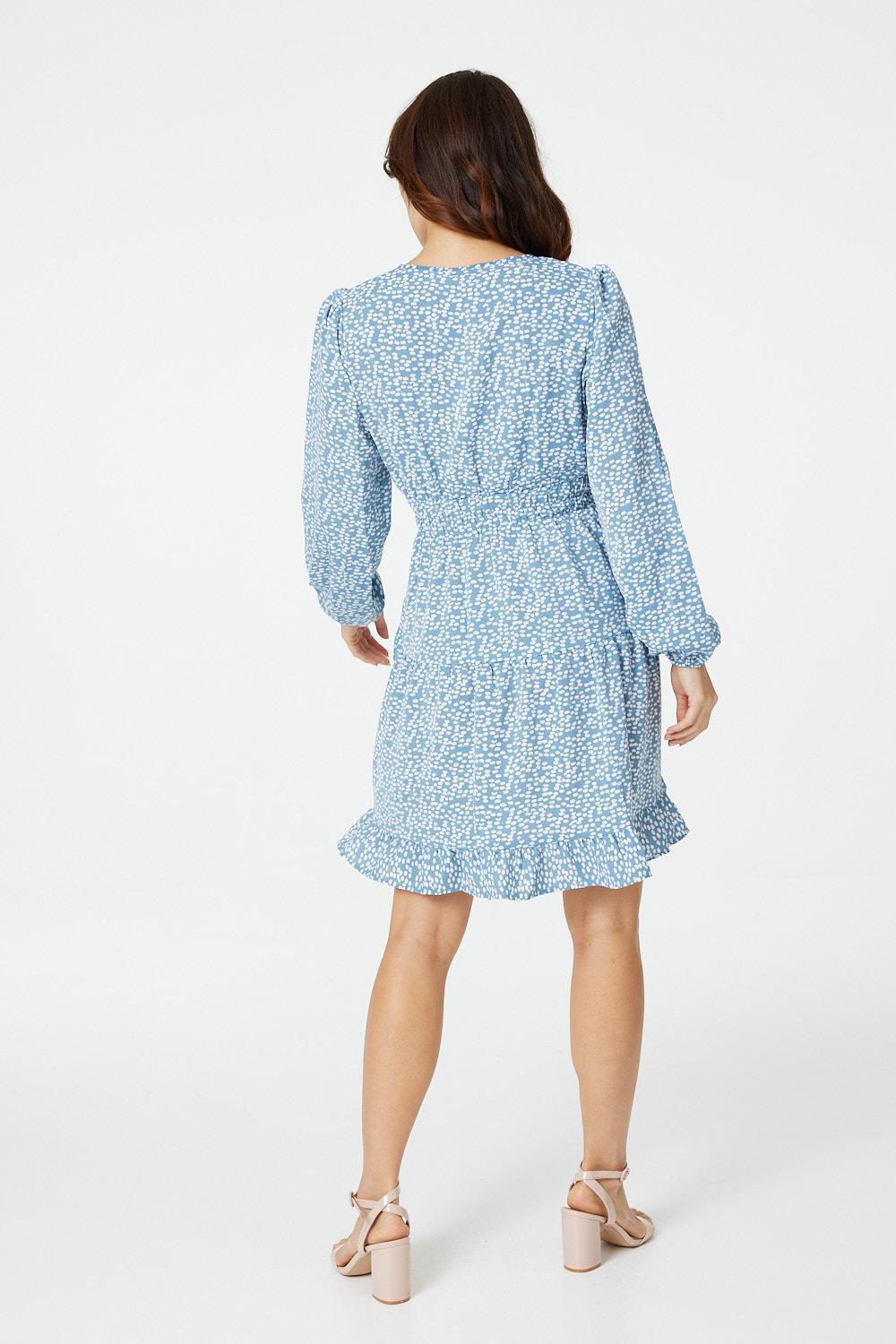 Blue | Ditsy Print V-Neck Skater Dress