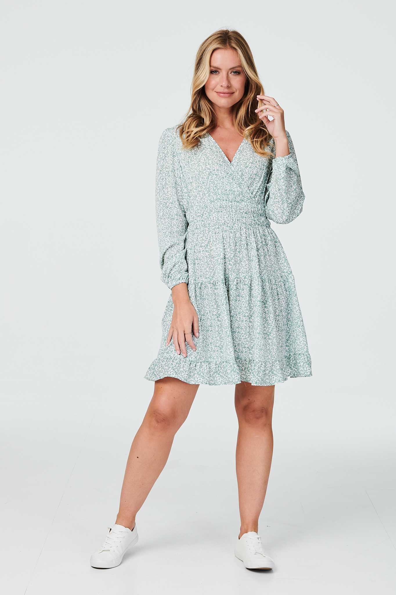 Green | Printed Long Sleeve Ruched Dress