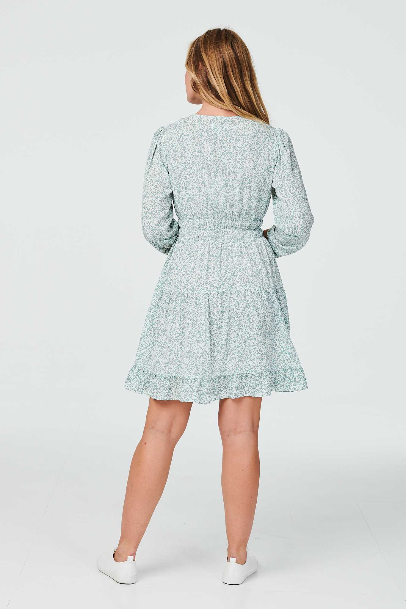Green | Printed Long Sleeve Ruched Dress