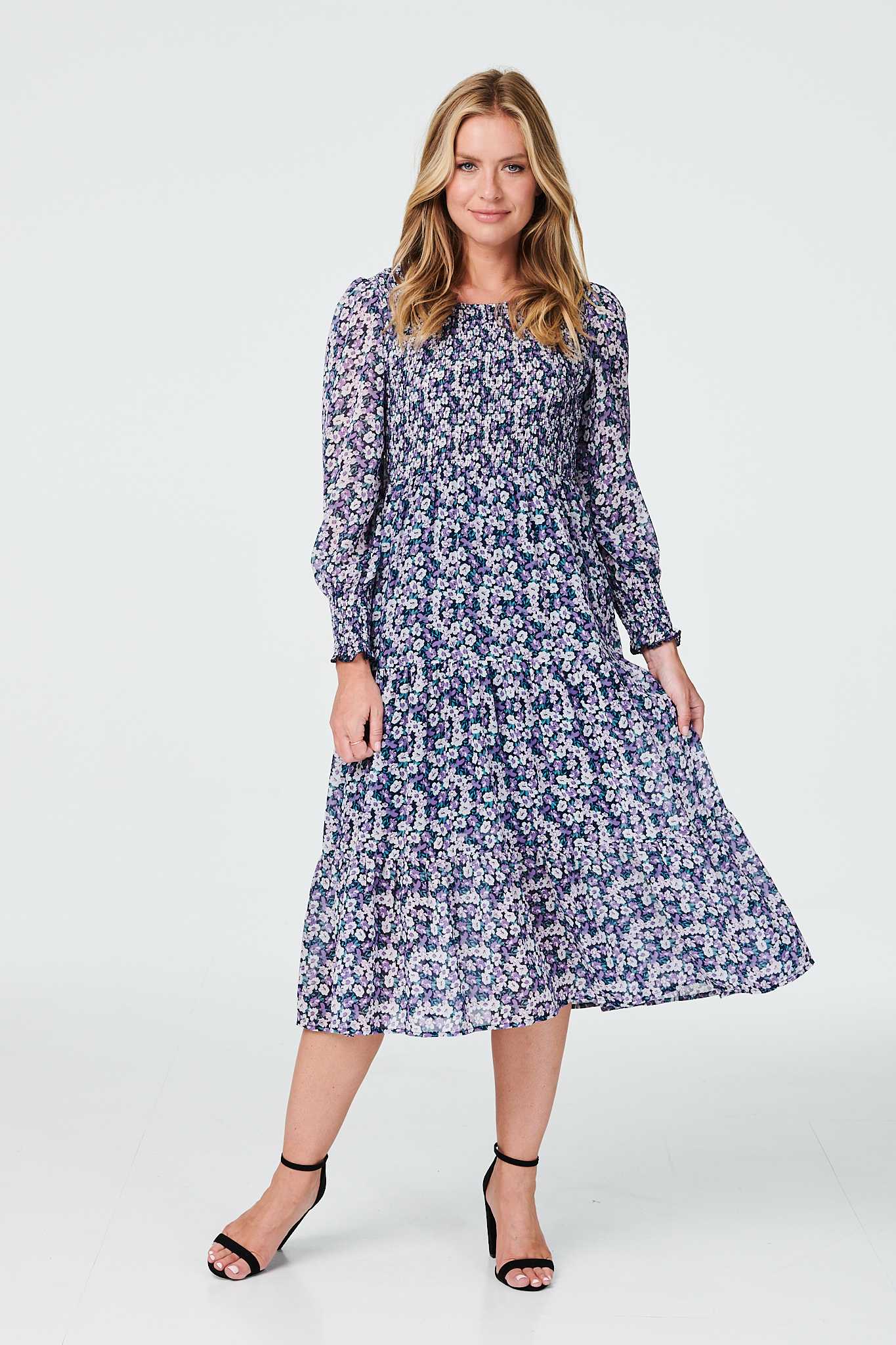 Navy | Floral Long Sleeve Tiered Dress