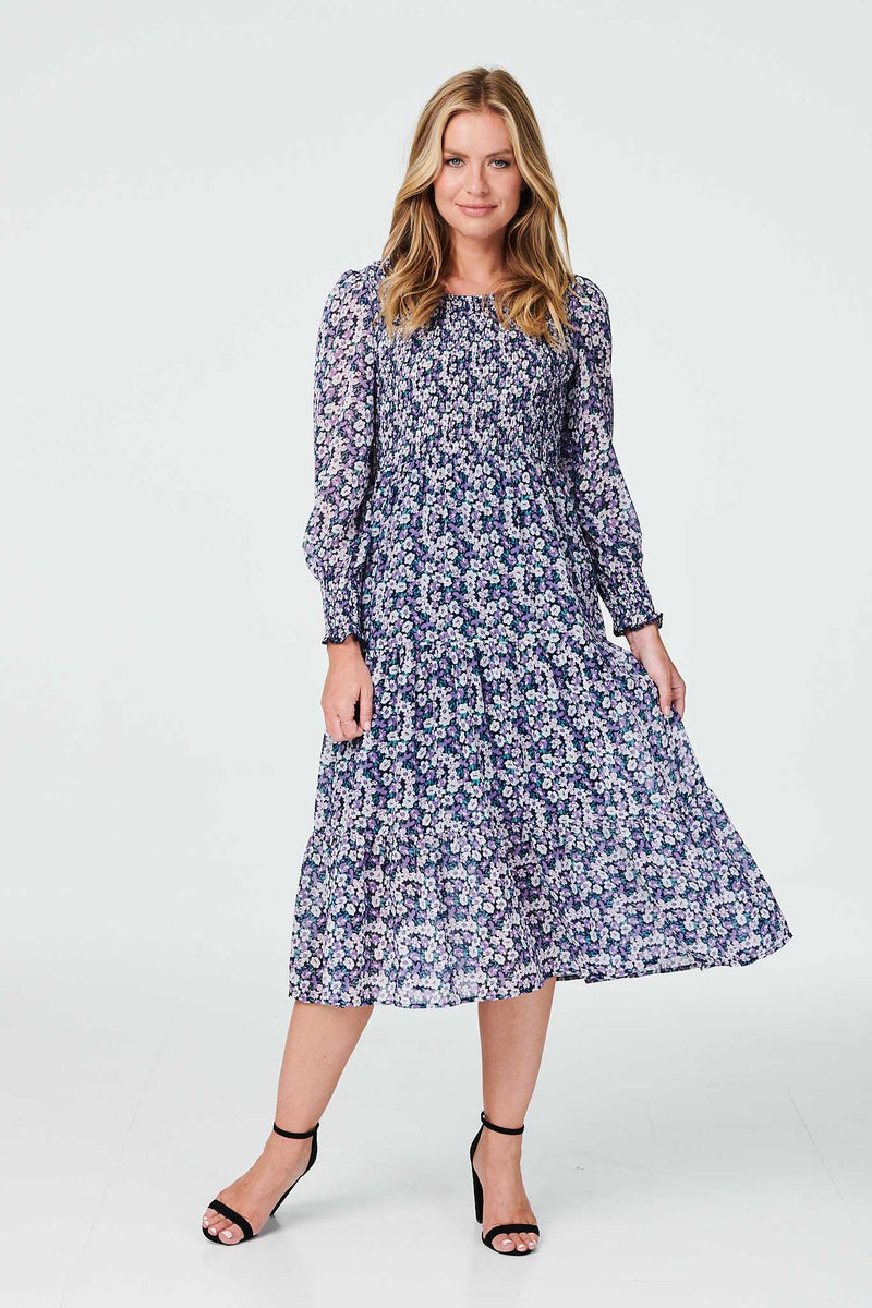 Navy | Floral Long Sleeve Tiered Dress
