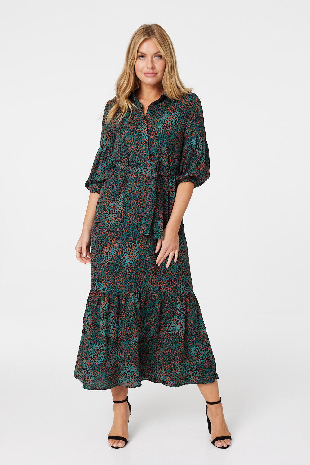 Green | Ditsy Print Tiered Shirt Dress