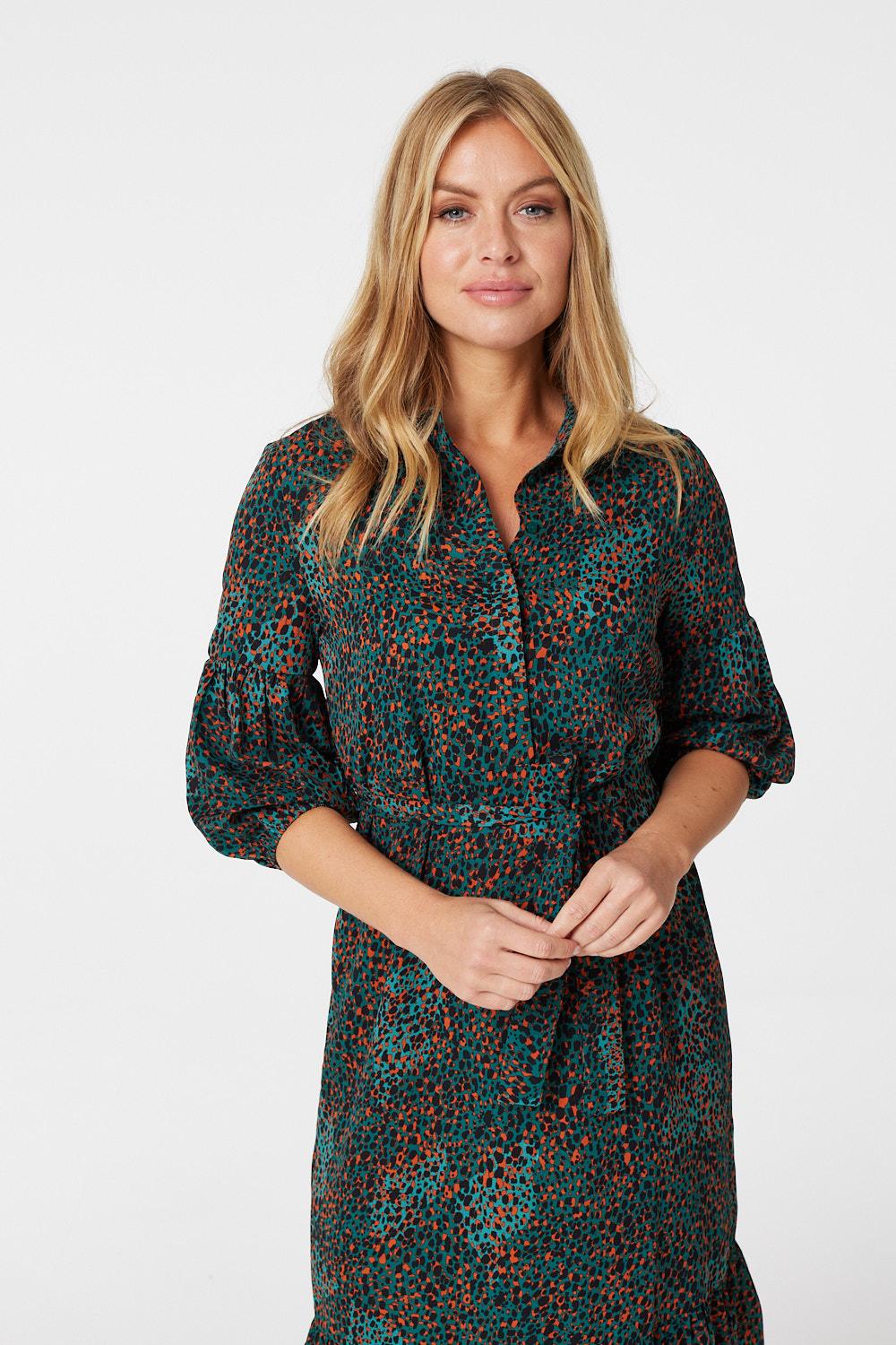 Green | Ditsy Print Tiered Shirt Dress