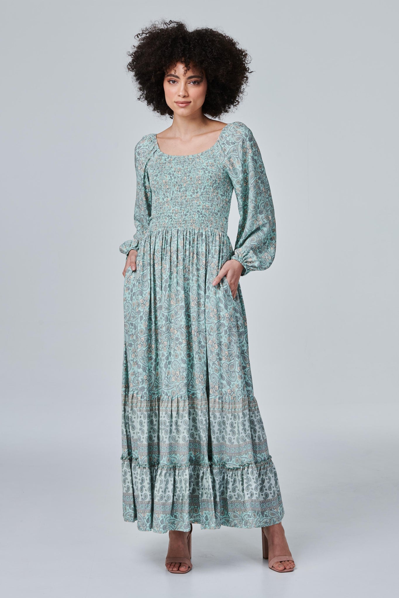 Sage | Paisley Smocked Maxi Dress
