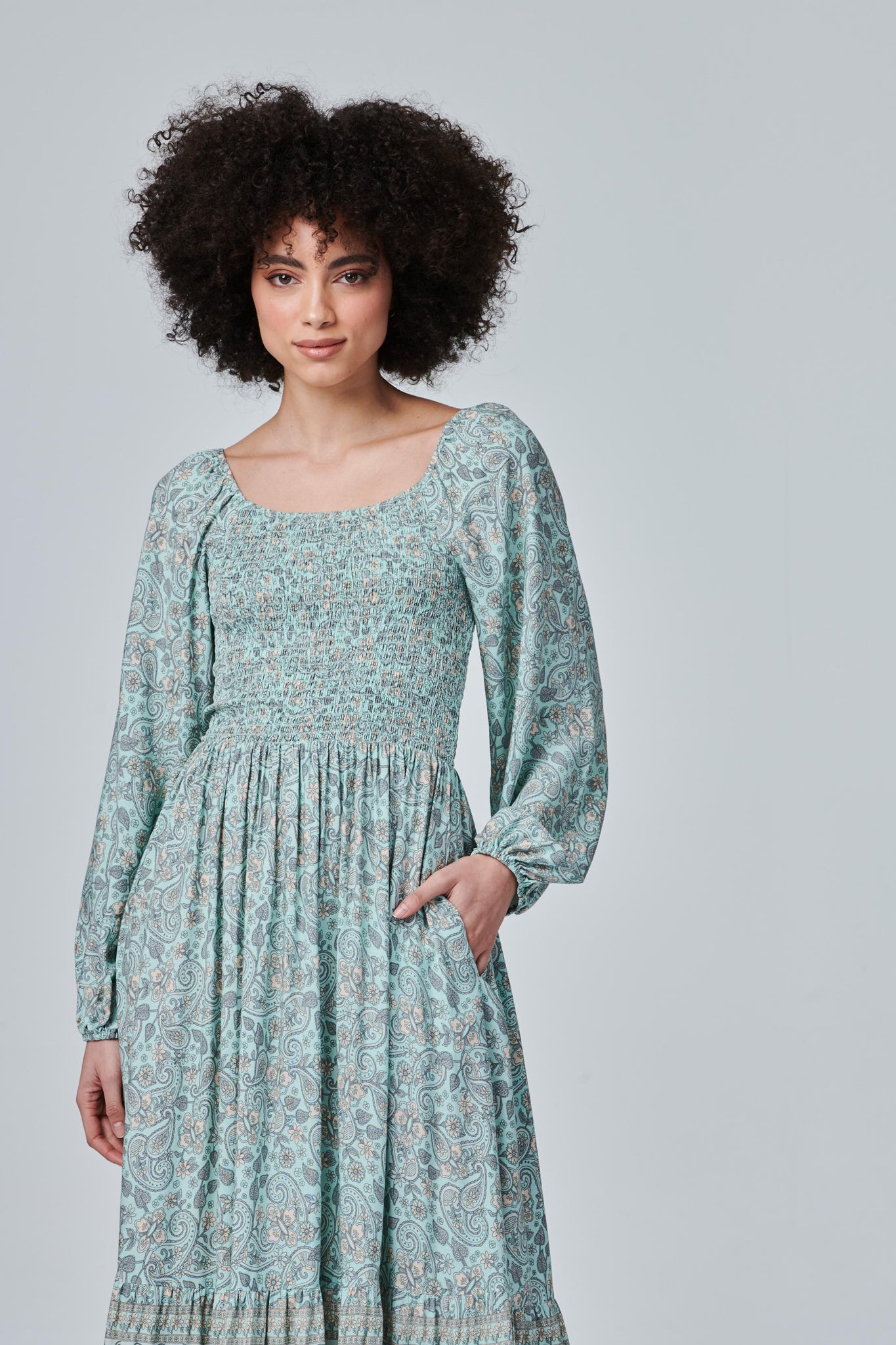 Sage | Paisley Smocked Maxi Dress