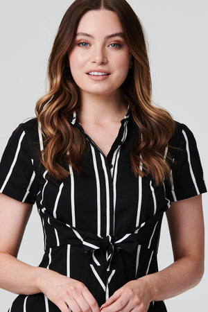 Black | Striped Knot Front Shirt Dress