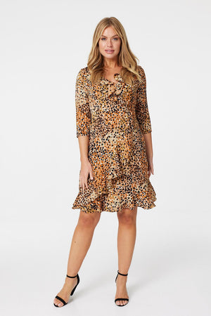 Brown | Printed Wrap Front Skater Dress