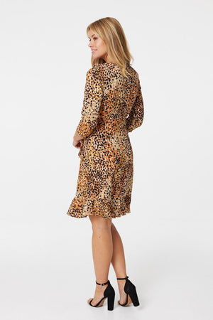 Brown | Printed Wrap Front Skater Dress