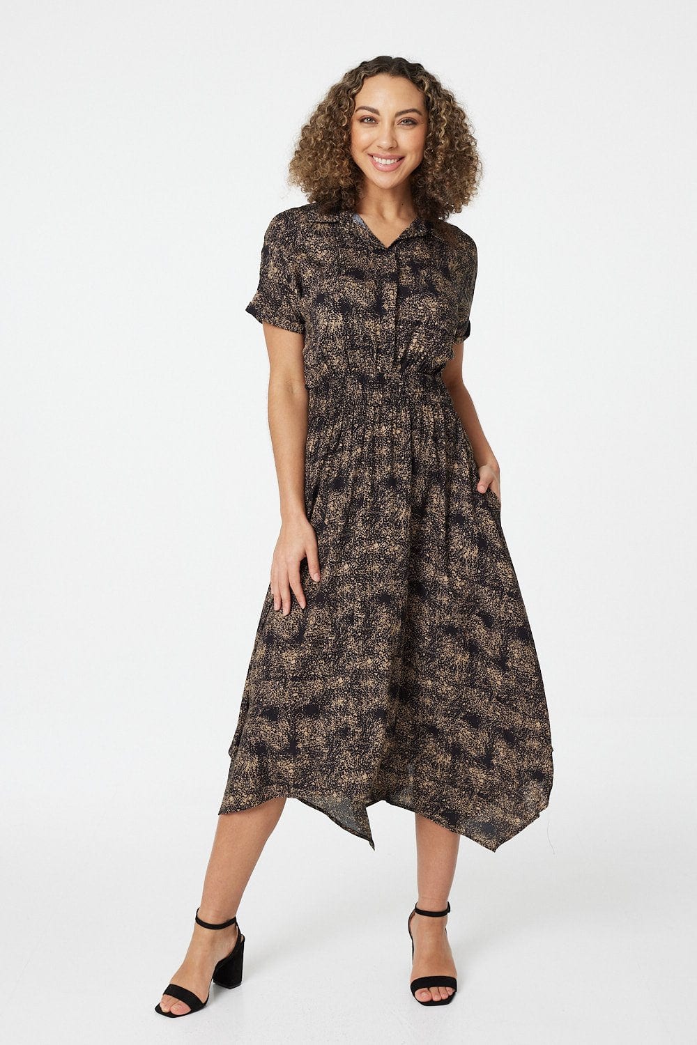 Black | Printed Hanky Hem Shirt Dress