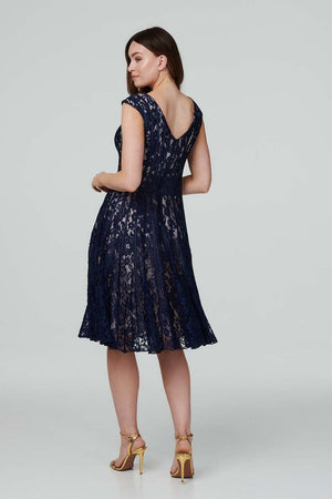 Navy | Lace Cap Sleeve Midi Dress