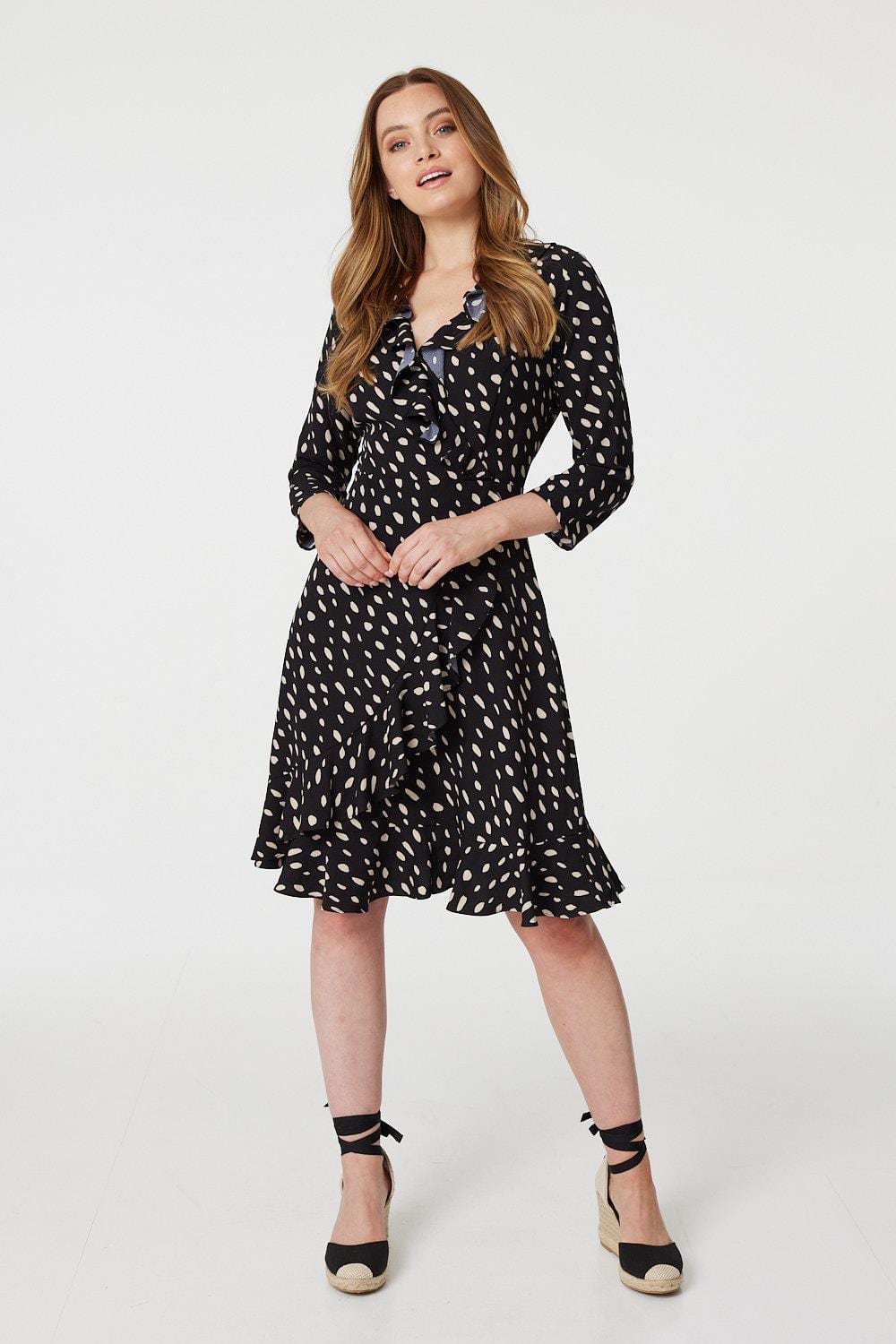 Black | Polka Dot Wrap Front Skater Dress