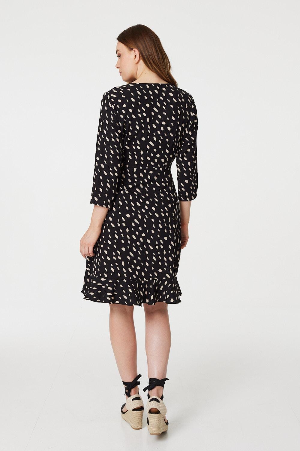 Black | Polka Dot Wrap Front Skater Dress