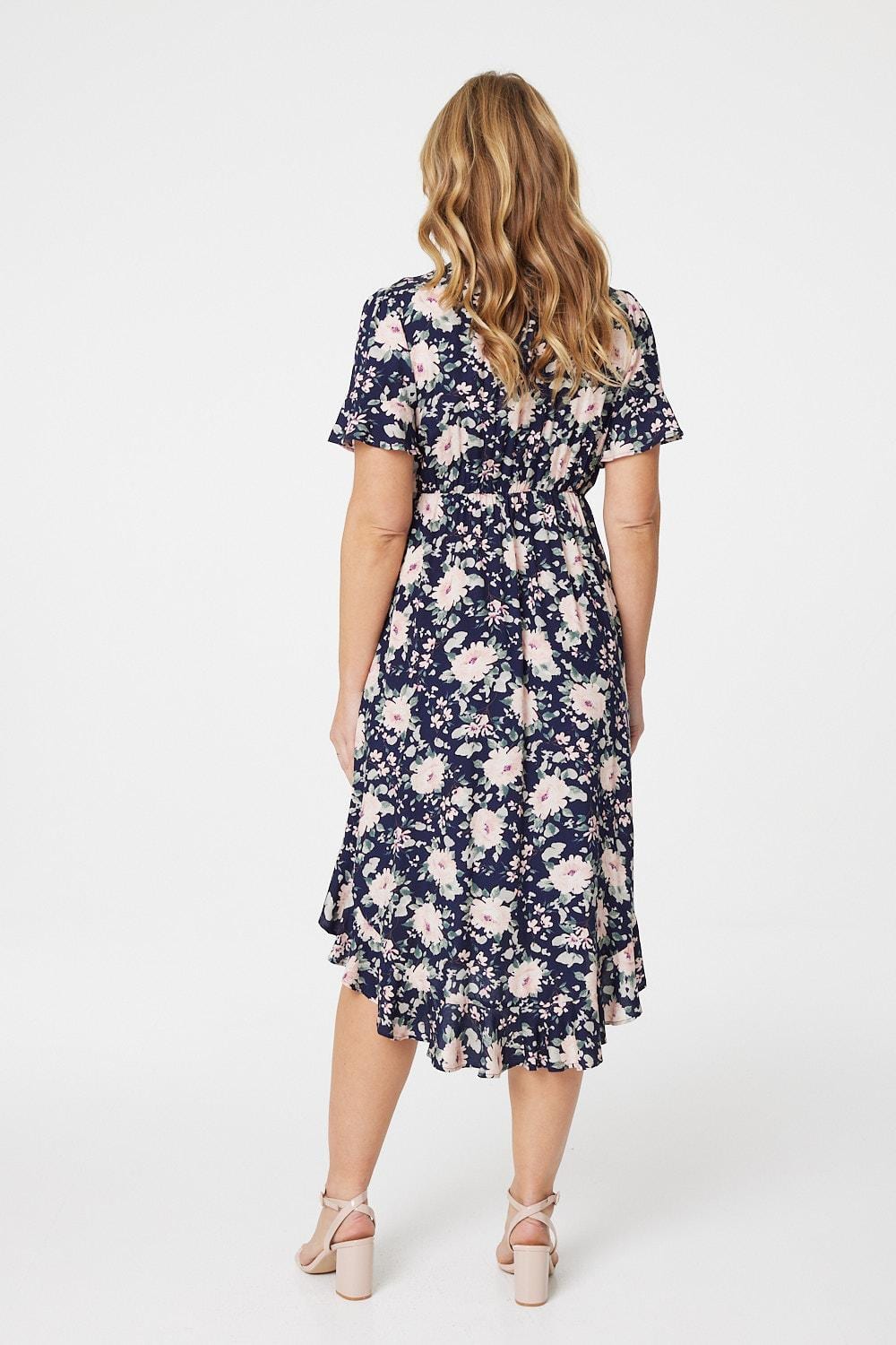 Navy | Floral Knot Front Midi Tea Dress