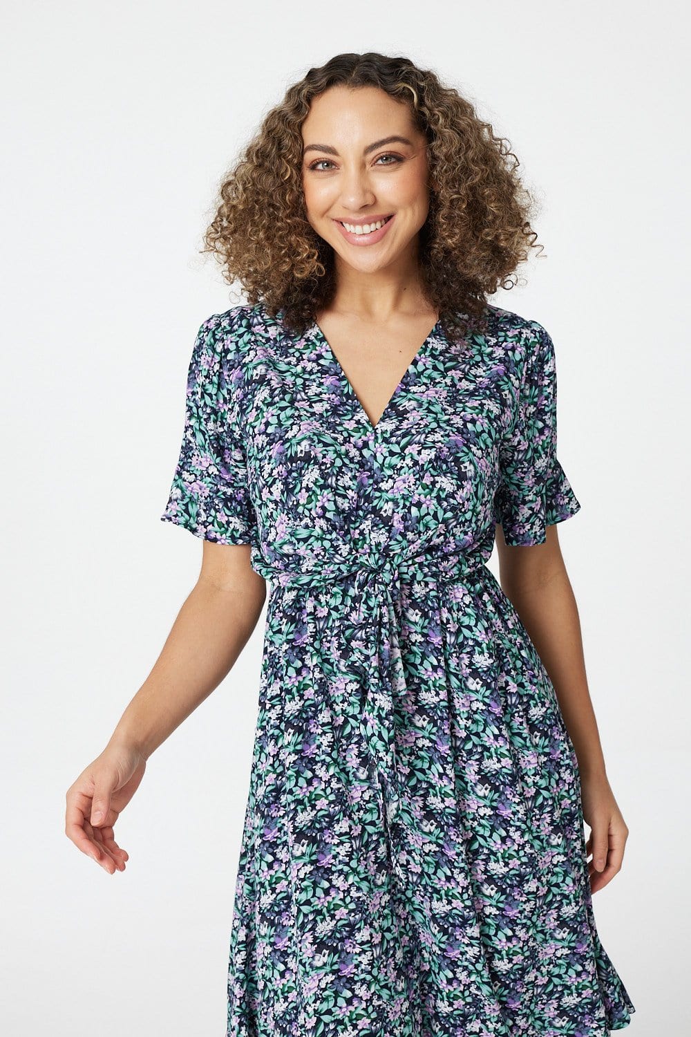 Navy | Floral Drop Hem Midi Tea Dress