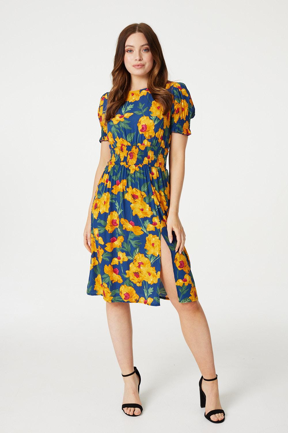 Blue | Floral Split Front Midi Tea Dress
