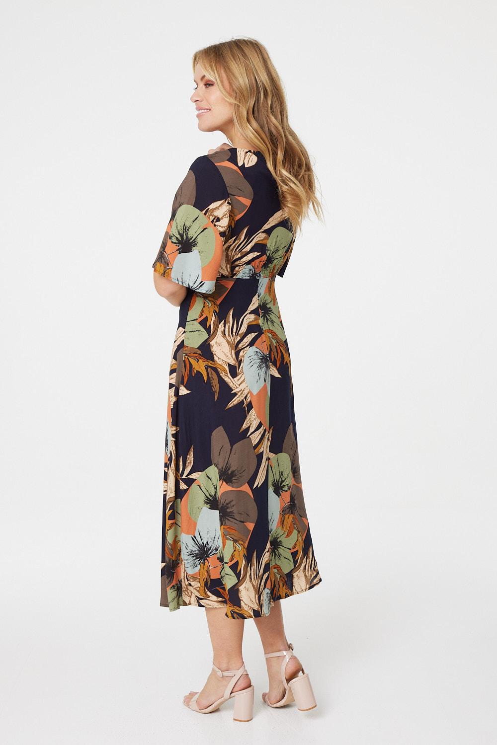 Navy | Floral Short Sleeve Midi Tea Dress