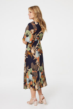 Navy | Floral Short Sleeve Midi Tea Dress