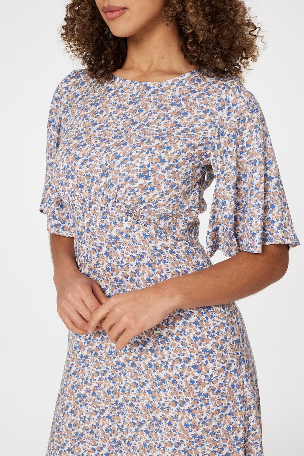 Blue | Floral Angel Sleeved Midi Dress
