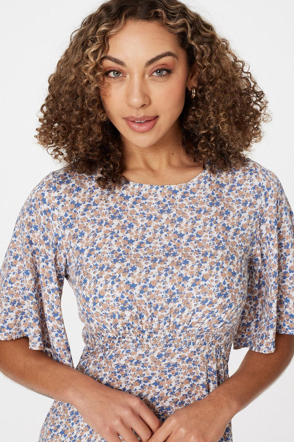 Blue | Floral Angel Sleeved Midi Dress