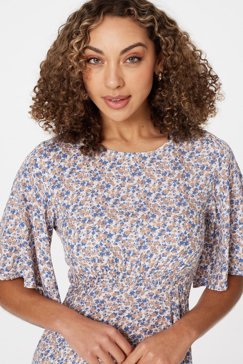 Blue | Floral Angel Sleeved Midi Dress