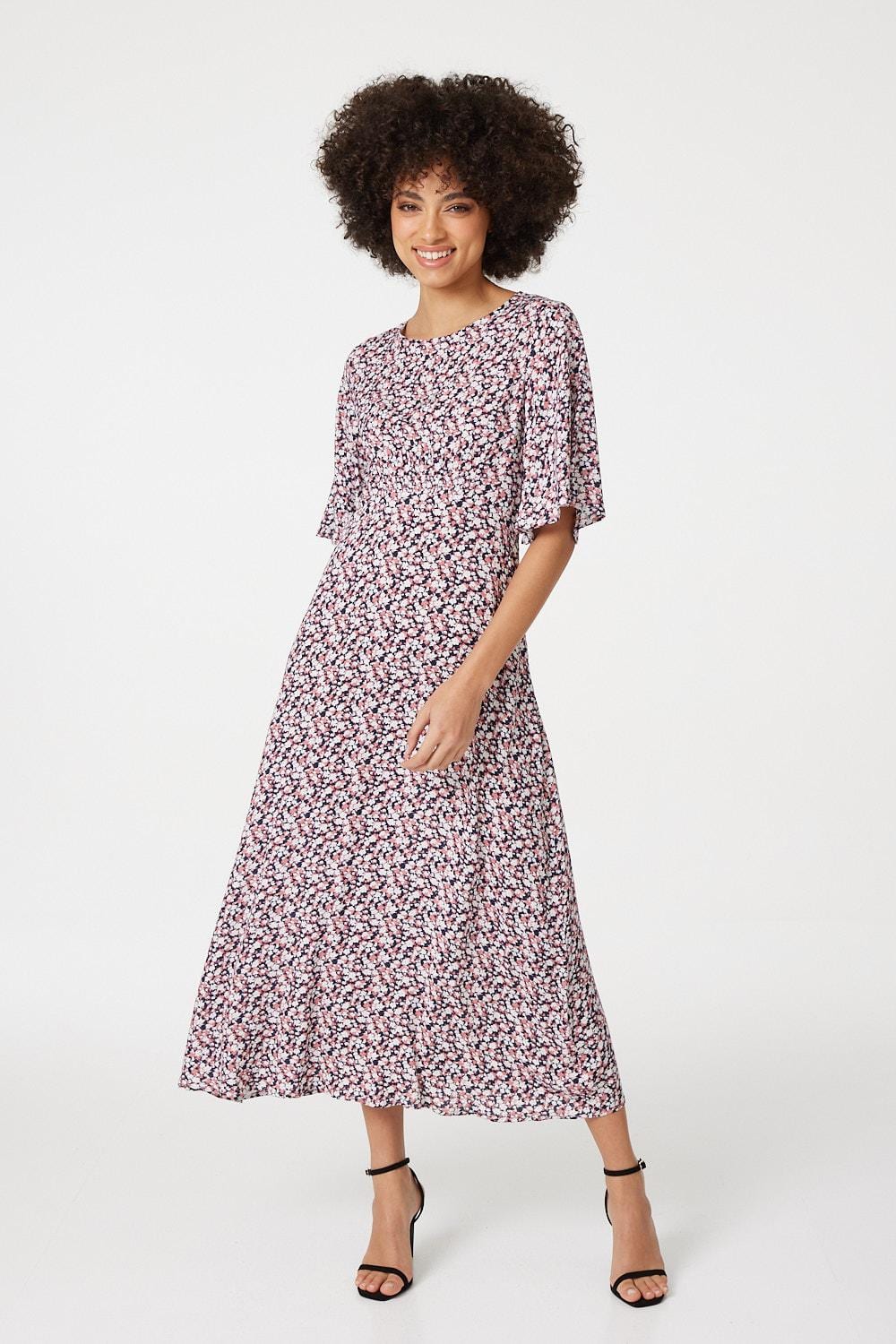 austin floral print angel sleeve midi dress Floral Angel Sleeved Midi Dress