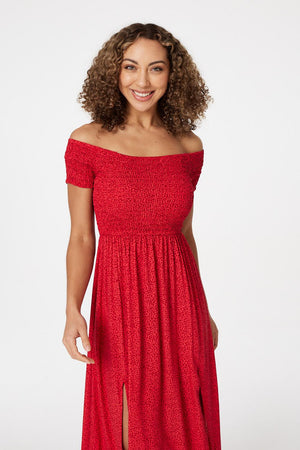 Red | Ditsy Print Smocked Maxi Dress