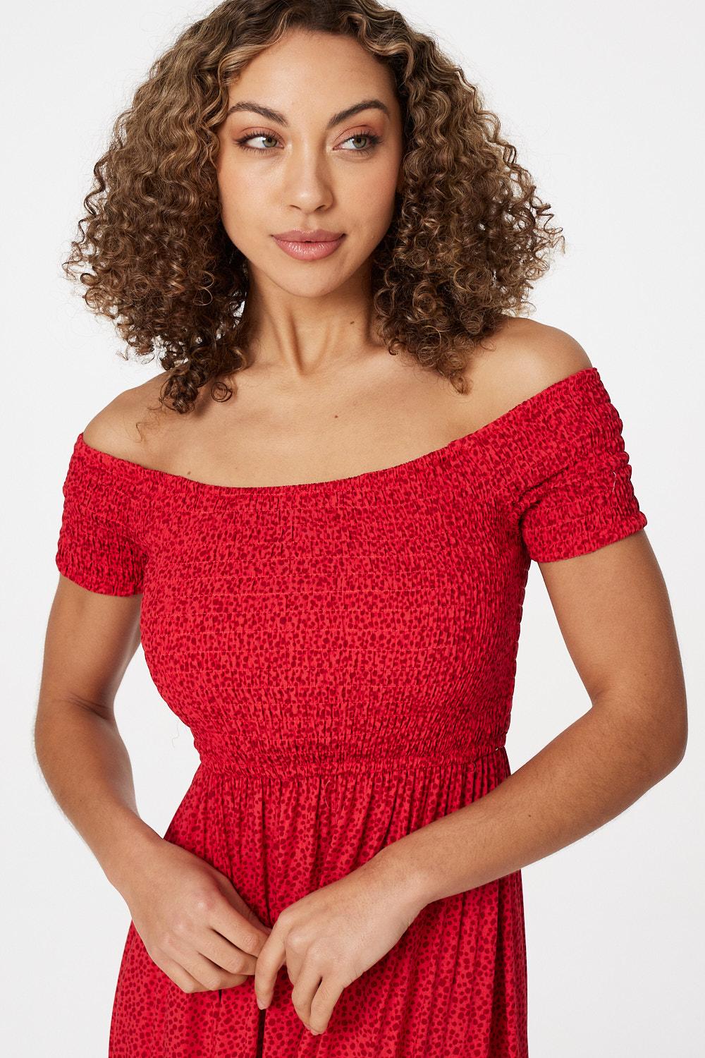 Red | Ditsy Print Smocked Maxi Dress